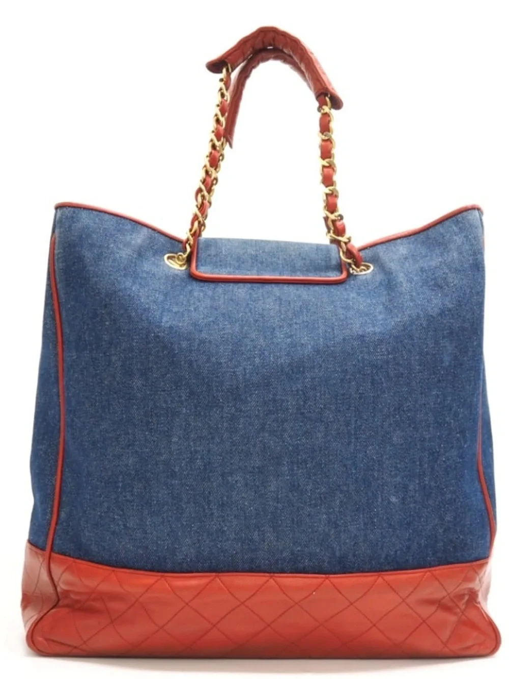 Authentic CHANEL denim red leather 1990s Jeans charm tote - Picture 2 of 14
